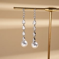 Elegant silver tassel earrings with teardrop zircons and white pearls on a gold stand - Silver (Silver Pin)