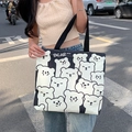 Canvas tote bag with cute cartoon bear print and black woven handles for women - Cute Bear - Black