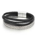 Bracciale multistrato da uomo in pelle nera intrecciata con catena e chiusura in acciaio inox - Acciaio (KB144447-KFC)