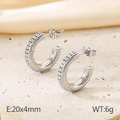 Silver C-shape stainless steel earrings with white zircon inlay measuring 20x4mm - Style A Steel Color (KE115964-KFC)