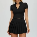Women's black yoga set with short sleeve zip top and pleated high waist athletic skirt - S / Top And Bottom / Premium Black
