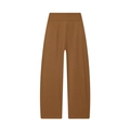 Detailansicht der braunen Faltenhose mit hoher Taille und einem breiten Taillenbund - XS / Karamellbraun