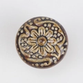 Vintage round ceramic drawer knob with dark brown glazed floral relief and textures - Flat Pad / Brown