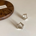 Detailed close-up of S925 sterling silver pentagonal hoop earrings with polished finish - Cone-shaped Hoop Earrings (S-E1564) / Silver