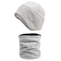 Detailed view of light gray fleece hat and neck warmer set with custom embroidery - Hat + Neck Gaiter 2-Piece Set / Light Gray