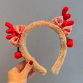 Christmas reindeer headband with red plush antlers and festive red-white checkered bows - Cherry Antlers Headband
