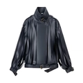 Fashionable black faux leather jacket with long fringe tassels and moto style buckle collar - S / Black