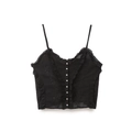 Women's black cotton crop top with floral embroidery and ruffle button-up detail - XS / Black
