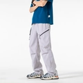 Light gray loose fit cargo pants with multi-pocket zippers and drawstring waist - M / Light Gray