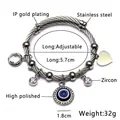 Gold IP plated stainless steel evil eye cable bracelet with heart and zircon charms - E-Steel Evil Eye Style