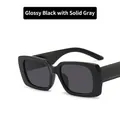 Retro small square sunglasses with glossy black frame and solid grey lenses - Bright Black / Gray