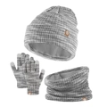 Winter knit set for kids featuring grey and white pompom hat, gloves, and neck warmer - Gray