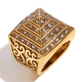 Men's 18K gold plated stainless steel pyramid ring with paved zircons and vine pattern - US 9 / Gold