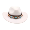 White felt jazz hat with brown leather band and turquoise amber stone accents - Kids Size (52-54cm) / White