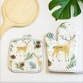 Heat resistant oven mitt and pot holder set with reindeer and pine cone prints - H025 Christmas Donkey