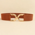 Brown wide elastic belt for women featuring a stylish gold double D-ring metal buckle - Camel (19761)
