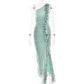 Detail of mint green ruched dress with ruffled trim and sexy asymmetric side slit - S / Standard / Green