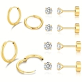 Minimalist gold hoop and zircon stud earring set with polished mirror finish for women - Sweet Zirconia Stud Set / Gold