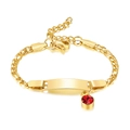 Gold birthstone ID bracelet with a polished curved plate and a round red crystal charm - July-Gold-16cm