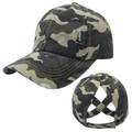 Distressed camouflage ponytail baseball cap with elastic criss-cross back design - One Size / Green Camouflage