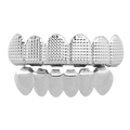 Macro detail of silver-colored hip hop grillz with diamond-cut texture and smooth finish - Engraved Texture Set / Grid Pattern Silver Set
