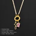14K gold plated stainless steel necklace with letter e charm and pink stone pendant - Letter F