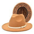 Detail of wool fedora hat with white buckled belt and leopard print lining under the brim - M (56-58cm) / Camel