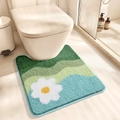 U-shaped bathroom rug with green wave stripes and floral pattern in soft plush fabric - Firefly Forest / Toilet Mat 50*55cm