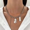 Silver punk layered necklace with abstract face and metal pendants for Y2K style - Alloy Layered Abstract Face Rectangle Necklace (8569)