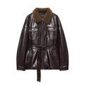 Dark brown shiny faux leather jacket with faux fur collar and waist belt for women - XS / Chestnut