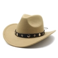 Detailed view of khaki felt cowboy hat with studded brown leather band and metal eyelets - M (56-58cm) / Camel