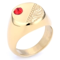 Vintage stainless steel signet ring with red crystal and engraved feather patterns - US 7 / Gold Color (18501)
