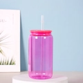 Minimalistisches lila Glas mit Bambusdeckel und passendem wiederverwendbarem Strohhalm - 16OZ Einschichtig Kunststoffdeckel Rose Rot