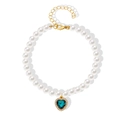 Faux pearl pet necklace with a heart-shaped teal gemstone pendant and gold clasp - Lake Blue