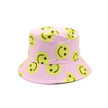 Detailopname van roze katoenen vissershoed met gele smiley-prints over de hele stof - Eén maat / Dubbelzijdige Smile Stijl / Roze