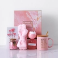 Pink tulip ceramic mug gift set with marble box, headband, and greeting card for women - Pink Set - Ceramic Mug + Wood Lid