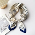 Elegant beige silk square scarf with blue stripes and lily floral patterns in a knot - Navy Floral Lines