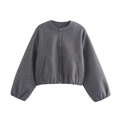 Detail view of dark grey wool jacket featuring silver metal zipper and ribbed cuffs - S / Gray