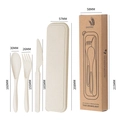 Beige wheat straw travel cutlery set with case and dimensions shown on white background - Nordic Beige / With Kraft Box