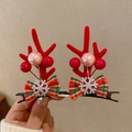 Christmas antler hair clips with red berries, plaid bows and silver snowflake charms - 69# Christmas Antler Hair Clip Bow Tie