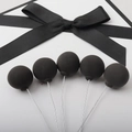 Set of five matte black spherical cake toppers with metal stems on a gift box - Single Piece / Black Single Ball