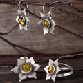 Parure de bijoux florale vintage avec ambre jaune sur collier, boucles et bague - Parure de bijoux (Boucles d'oreilles+Bague+Pendentif) / Orange