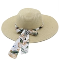 Detail of beige straw sun hat with floral chiffon ribbon and white pearl trim decoration - M(56-58cm) / Beige