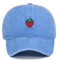 Pale blue washed cotton baseball cap featuring a detailed red strawberry embroidery design - Adjustable / Light Blue