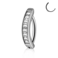 Silver curved navel ring with rectangular clear zircons and hinged clicker opening - Style 2-White Zirconia