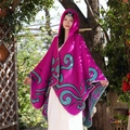 Poncho ethnique à capuche rose avec motifs tourbillons turquoise pour voyage - LM295 Ombre Fleurie - Rose