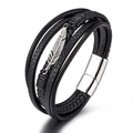Men's multi-layer black leather bracelet with silver feather charm and magnetic clasp - Silver