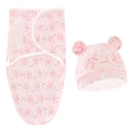 Detail of pink newborn swaddle wrap and matching rabbit ear hat with soft cartoon pattern - Pink Long-eared Rabbit Swaddle + Hat Set
