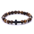 Brown tiger eye stone beaded bracelet with a black cross charm and silver metal spacers - Yellow