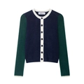 Cardigan in maglia da donna blu navy e verde con profili bianchi a contrasto - S / Blu e Verde